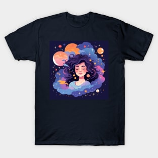 Woman with sweet dreams concept Young girl with galaxy and universe at hairs T-Shirt